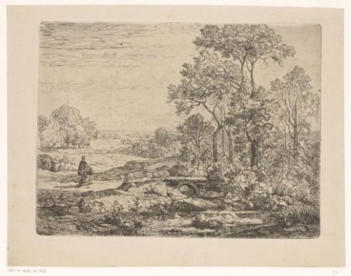 Wooded landscape with a woman at a bridge