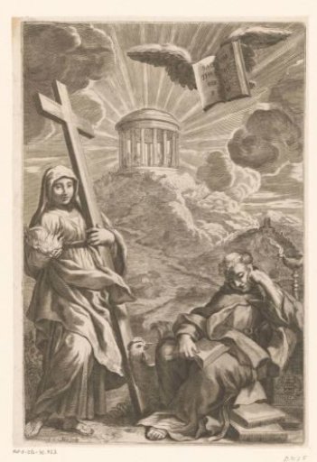 Female saint with a cross and a flame in her palm beside a seated cleric