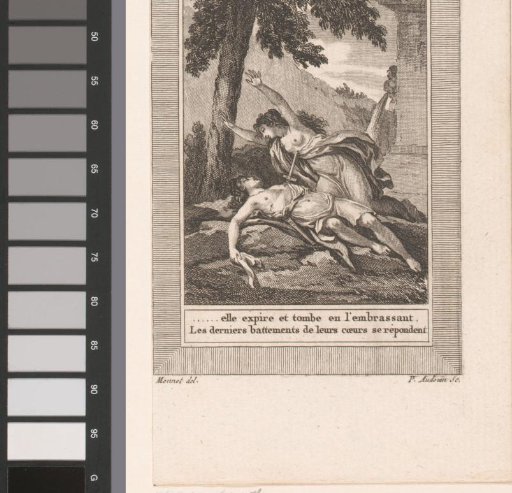 Thisbe throws herself on the sword next to the body of Pyramus