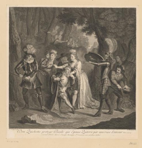 Don Quixote protecting two lovers from a rival