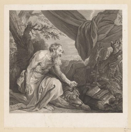 Saint Jerome with sleeping lion and crucifix