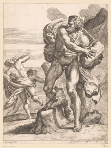 Polyphemus throws a stone at the fleeing Acis and Galathea