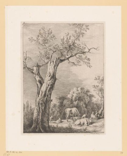 Shepherds with a flock in a clearing among trees in spring