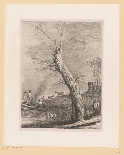 Shepherds with goats by a tree in winter