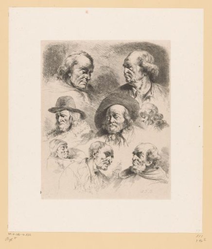 Composition with seven heads of men and one of a boy