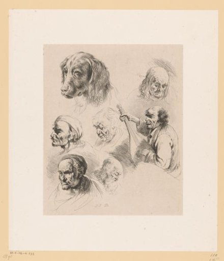 Composition with six heads of men and a dog's head