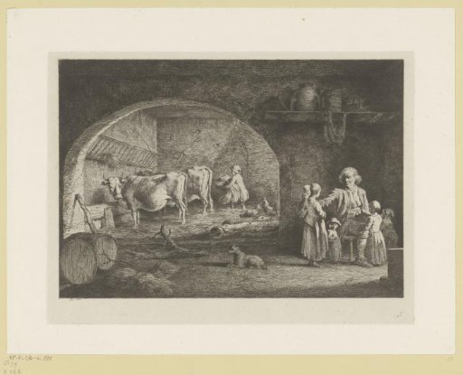 Stable interior with a man surrounded by five children