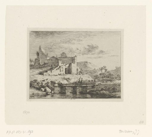 Landscape with ruins and figures on a bridge