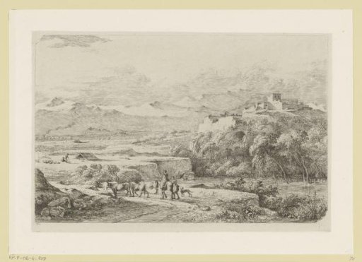 Mountain landscape with shepherds and a herd of cows