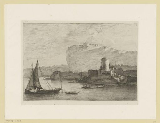 Mountain landscape with a tower in a harbour