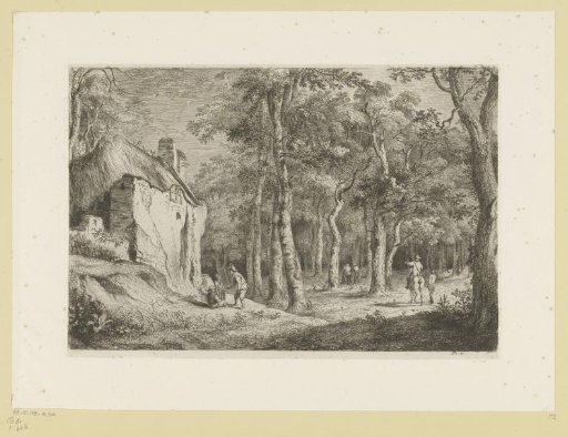 Wooded landscape with figures near a house