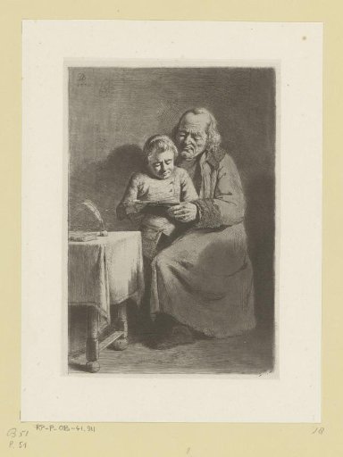 Schoolmaster and boy reading a book