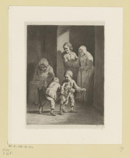 Children playing with a dog, behind them two old women and a man