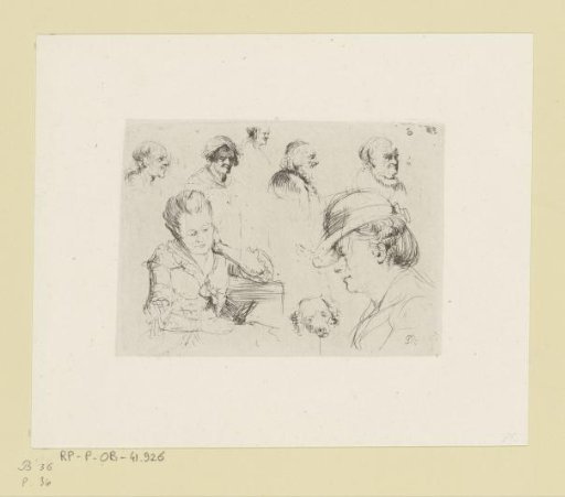 Composition with five male heads, a dog's head and two busts of women