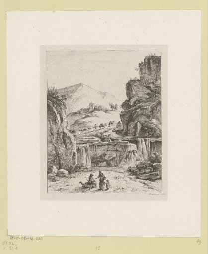 Mountain landscape with figures near a stone and a man with two donkeys on a path