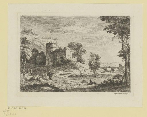 Landscape with a peasant on a donkey and a fisherman by a river with a stone bridge