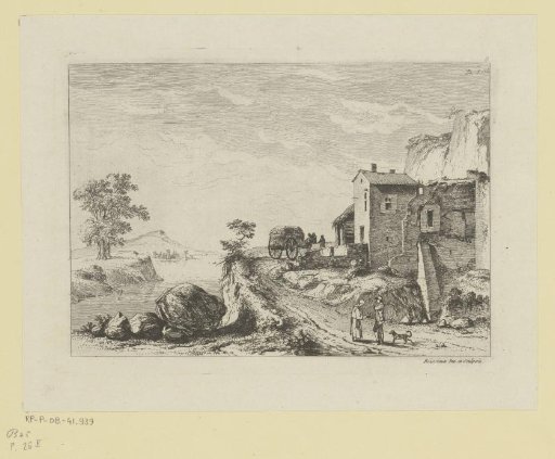 River landscape with figures and a hay wagon on a road