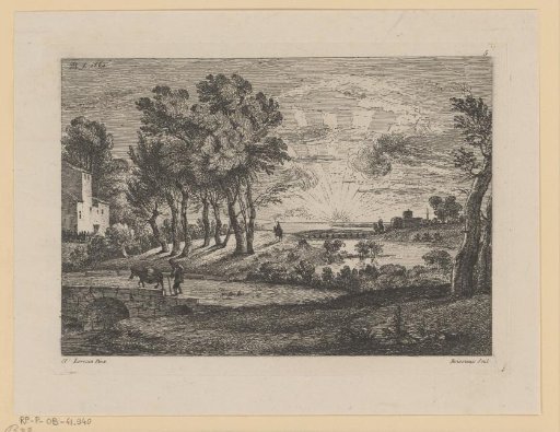 Landscape with a figure on a bridge at sunrise