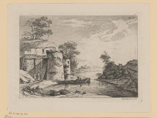 River landscape with a boat at a tower