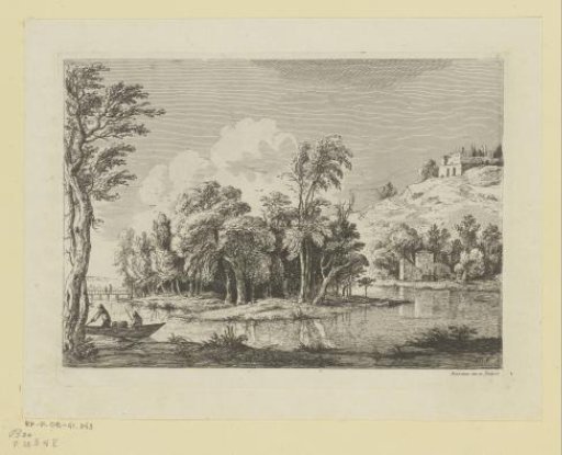 Landscape with an island with trees and figures in a boat
