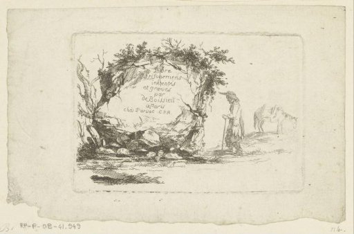 Title page print with a man with a horse next to a rock