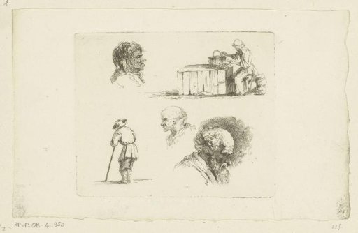 Composition with a woman with a basket at a table, a man with a stick and three male heads