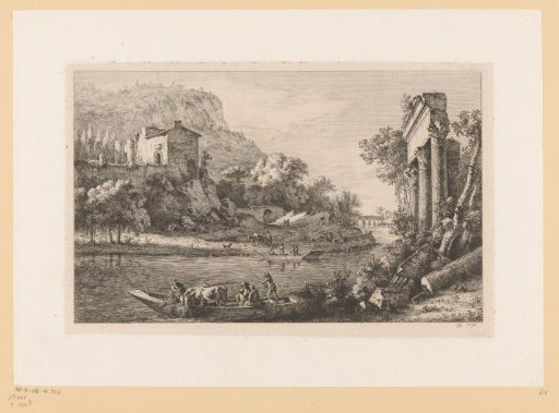 River landscape with crossing figures and ruins