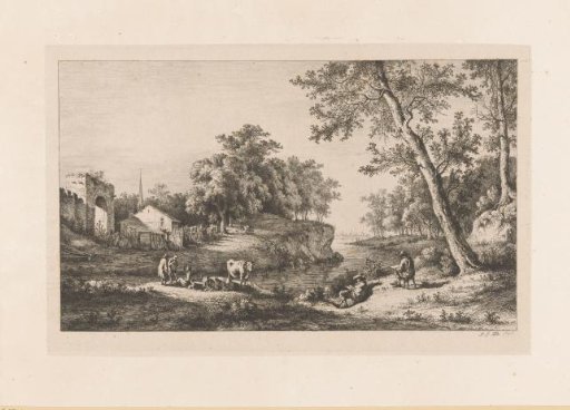 Figures by a river near a ruined gate