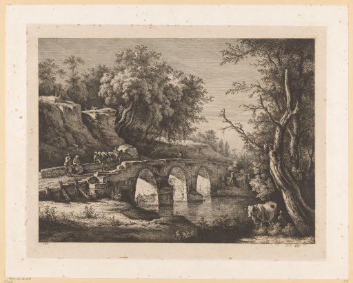 Landscape with figures on a stone bridge