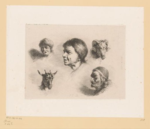 Composition with three heads of men of different ages, a ram and a goat