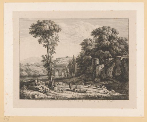 Resting shepherd with a herd of goats in a landscape