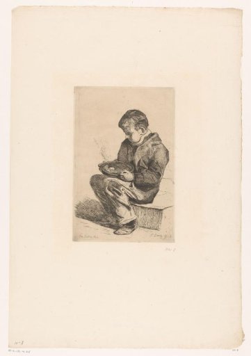 Seated boy with a bowl of soup