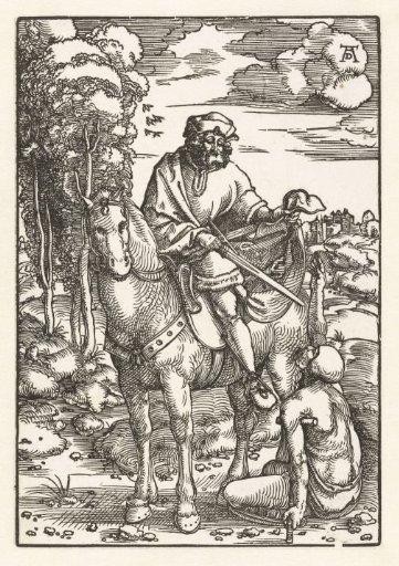 Saint Martin dividing his cloak with a beggar