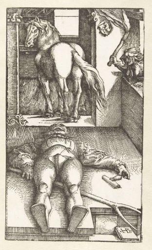 Sleeping stable boy with a witch and horse