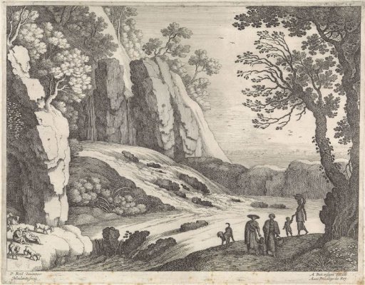 Figures by a waterfall