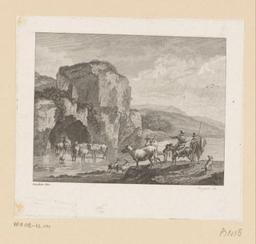 River landscape with shepherds and a flock