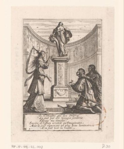 Jezebel and two kneeling kings before a statue of Fortuna
