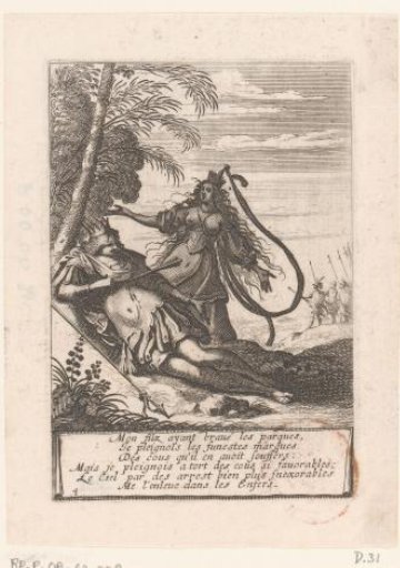 King Joram pierced by an arrow, Jezebel stands beside him