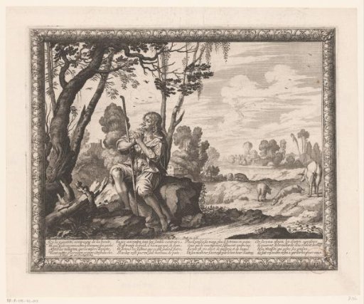 Prodigal Son as swineherd kneels in prayer