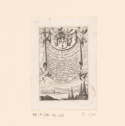 Title Print with Four Putti Holding a Drapery with Text