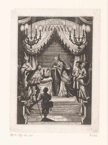 Queen presents a scepter to Polexandre under a canopy