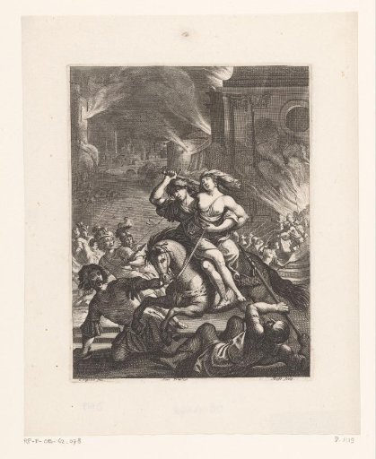 Melinte rescues Ariane on horseback from the house set on fire by Nero