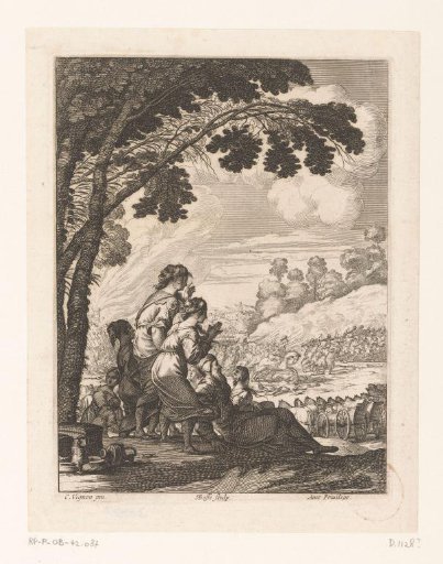 Group of women and an old man watch the fight between Palamède and his enemies