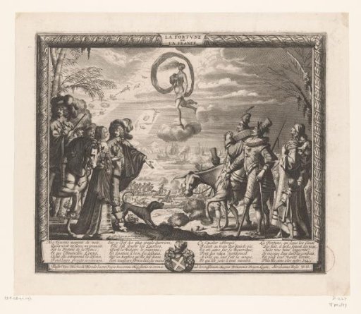 Fortuna bestows gifts on the French while the Spaniards beg her help