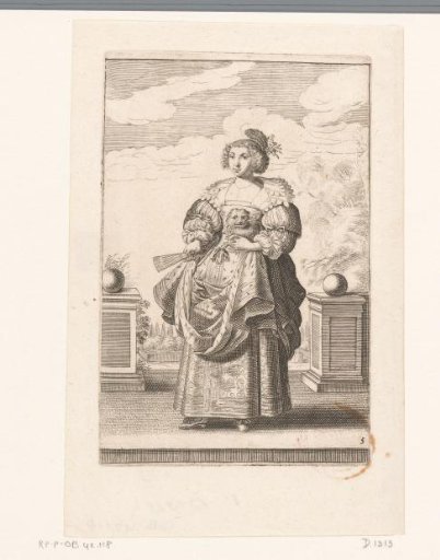 French noblewoman with a dog on her arm, dressed in the fashion of ca. 1630