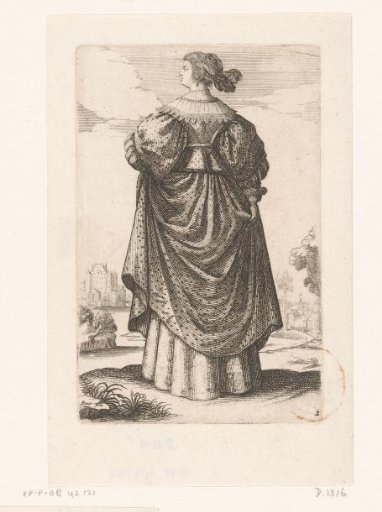 French noblewoman, seen from the back, dressed in the fashion of ca. 1630