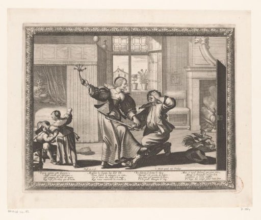 Woman beating her husband with a bunch of keys