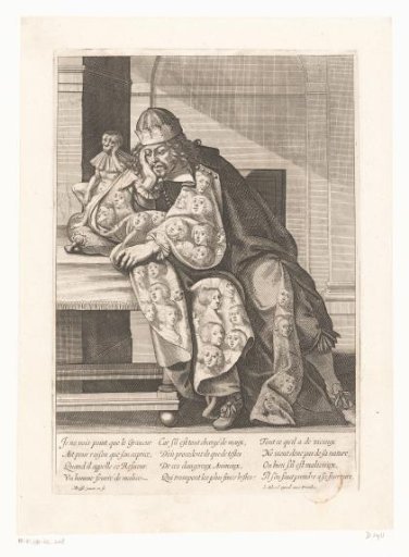 Man with a cloak featuring women's heads, leaning on a table with a monkey