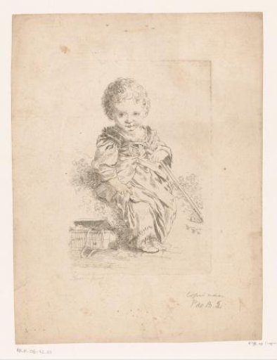 Toddler with walking stick, sitting in a landscape