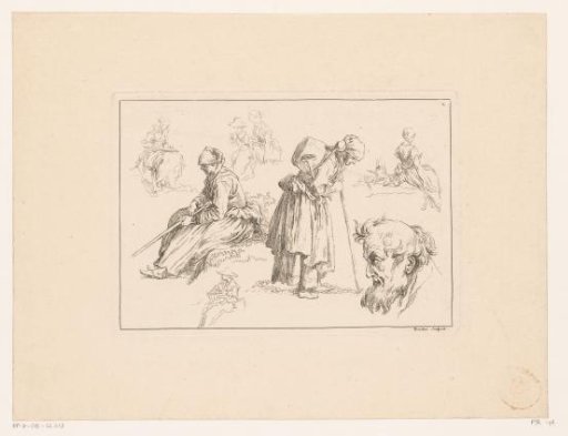Eight figures with an old woman with a walking stick in the middle
